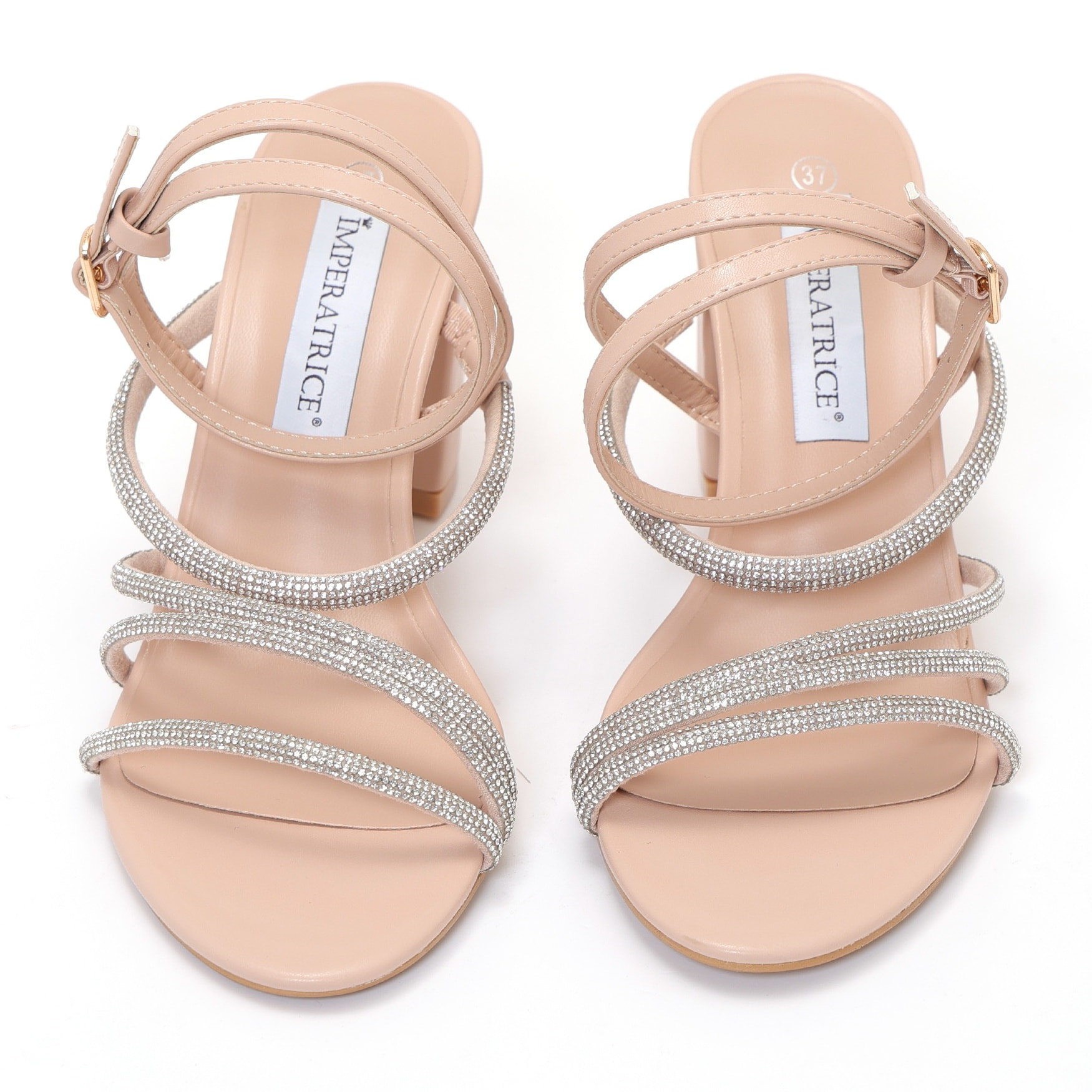 Sandali in simil pelle con tacco comodo e fasce ricoperte di strass