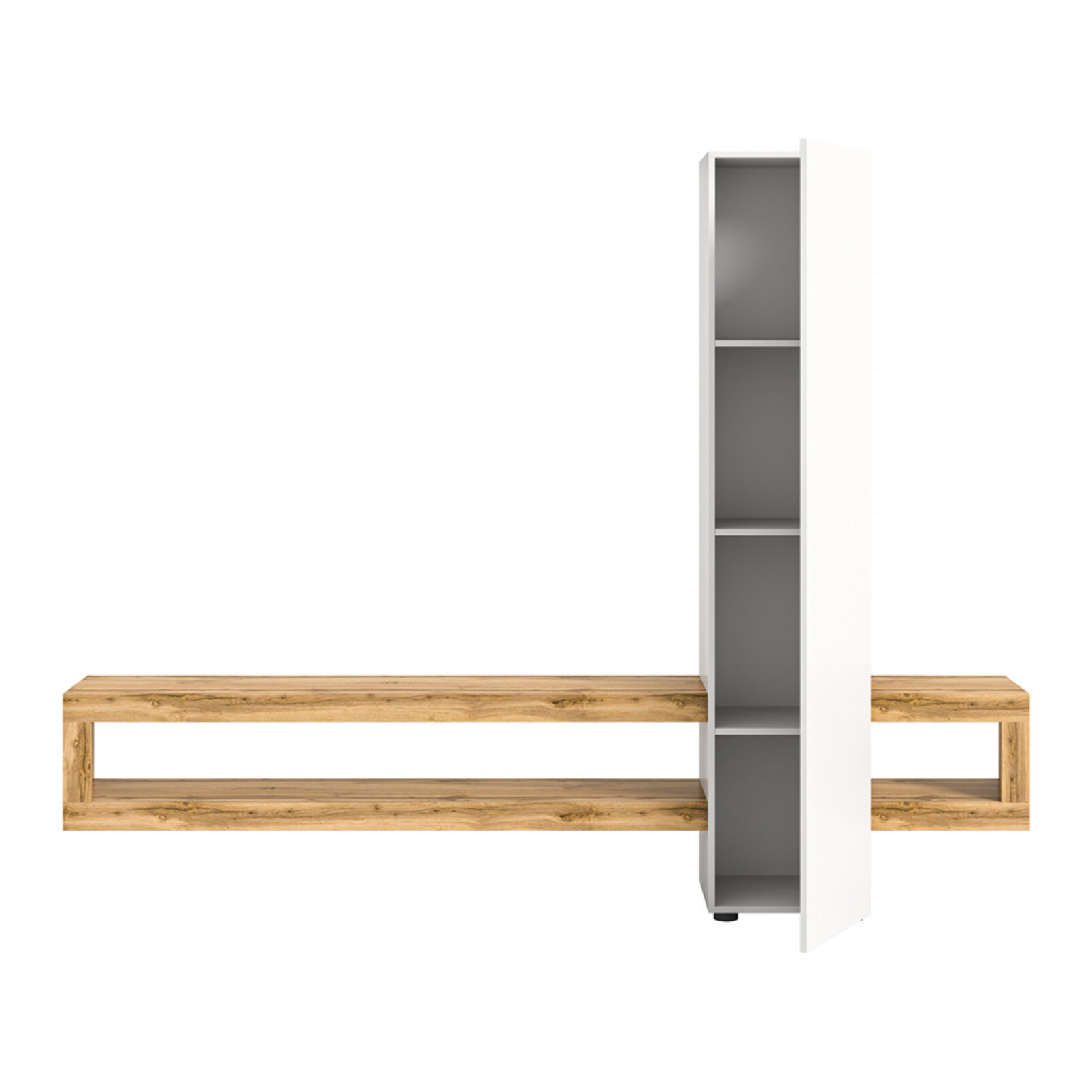 Ned - meuble tv suspendu - 1 porte et 3 étagères - bois et blanc - 240 cm - Bois / Blanc