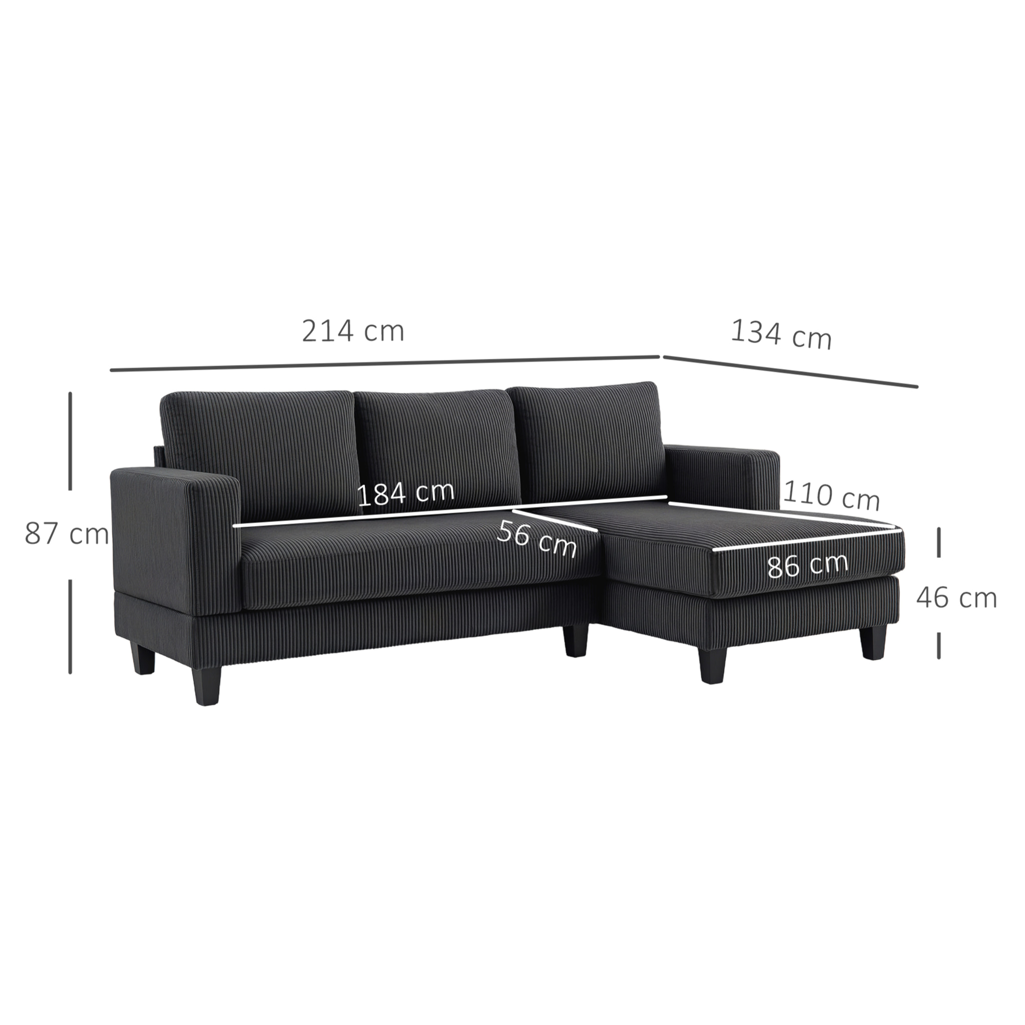 Canapé d'angle 3 places en velours côtelé dim. 214 x 134 cm gris