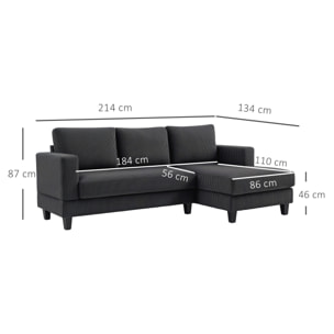 Canapé d'angle 3 places en velours côtelé dim. 214 x 134 cm gris