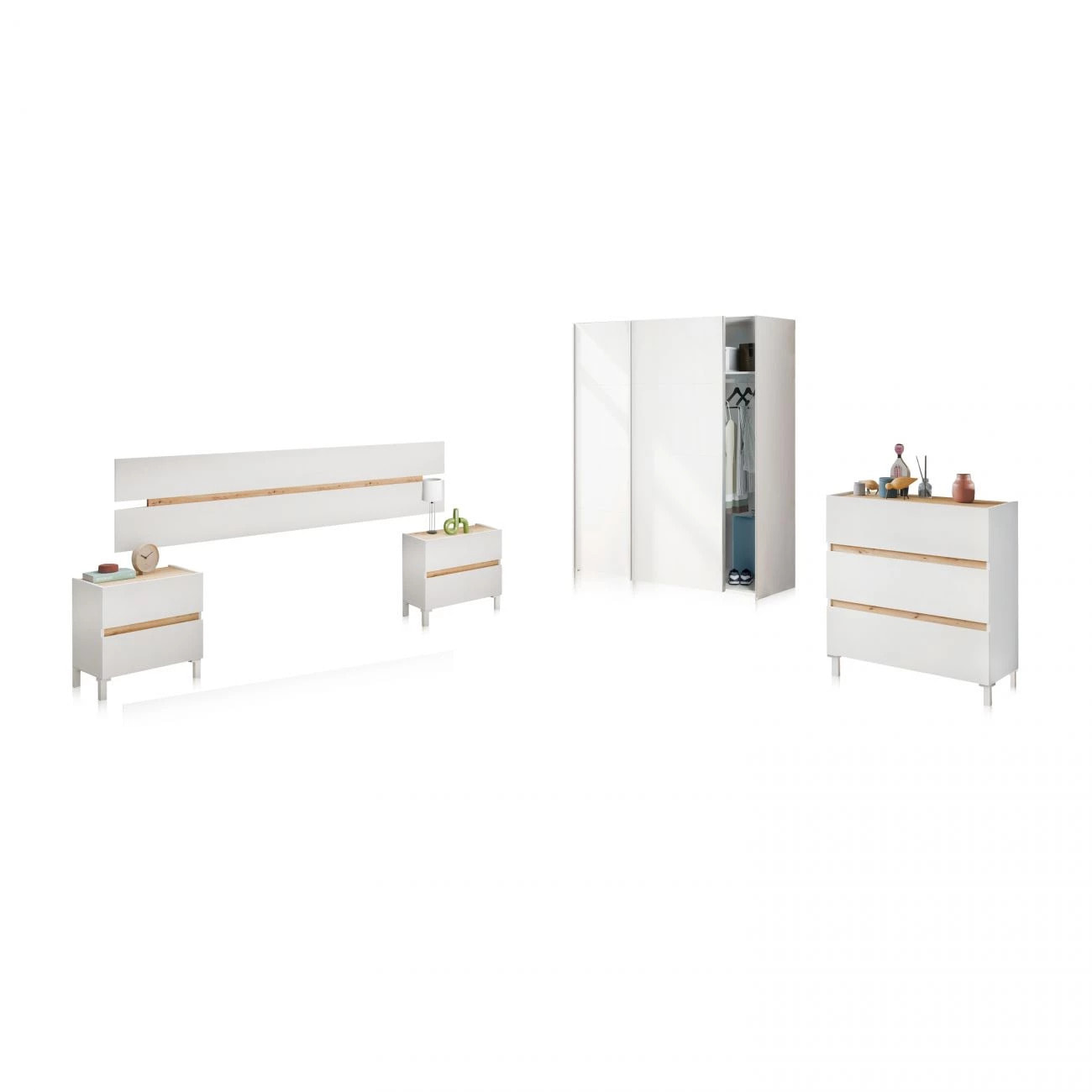 Dormitorio Ezra 3C Plus Blanco Artik (Blanco Mate) - Roble Nodi