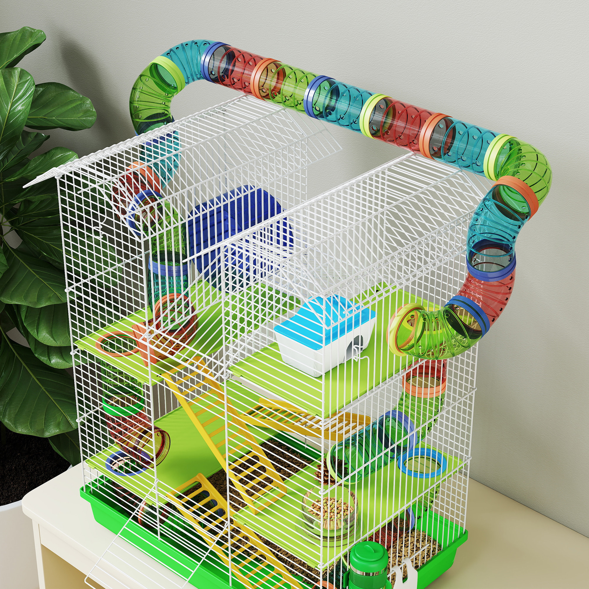 Cage pour hamster souris petits animaux rongeur avec tunnel mangeoire roue jouet 47 x 30 x 59 cm cm vert
