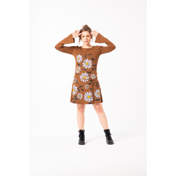 Mamatayoe Pastelo. Vestido Corto con Estampado de Flores y Detalles Bordados para Mujer de Color Marrón. Vestido Casual de Viscosa con Manga Larga Acampanada para Otoño Invierno.