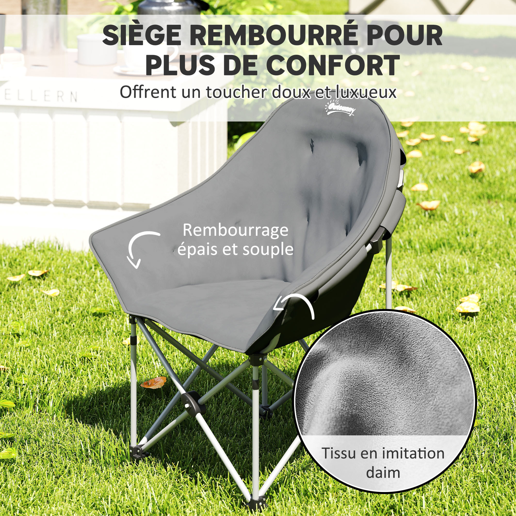 Chaise de camping pliante rembourrée revêtement toucher daim grand confort rangements sac inclus gris