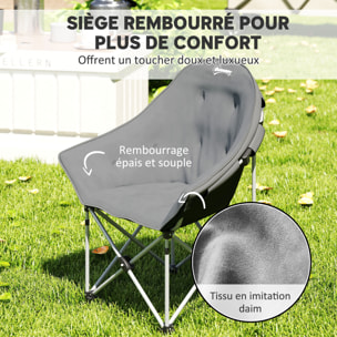 Chaise de camping pliante rembourrée revêtement toucher daim grand confort rangements sac inclus gris