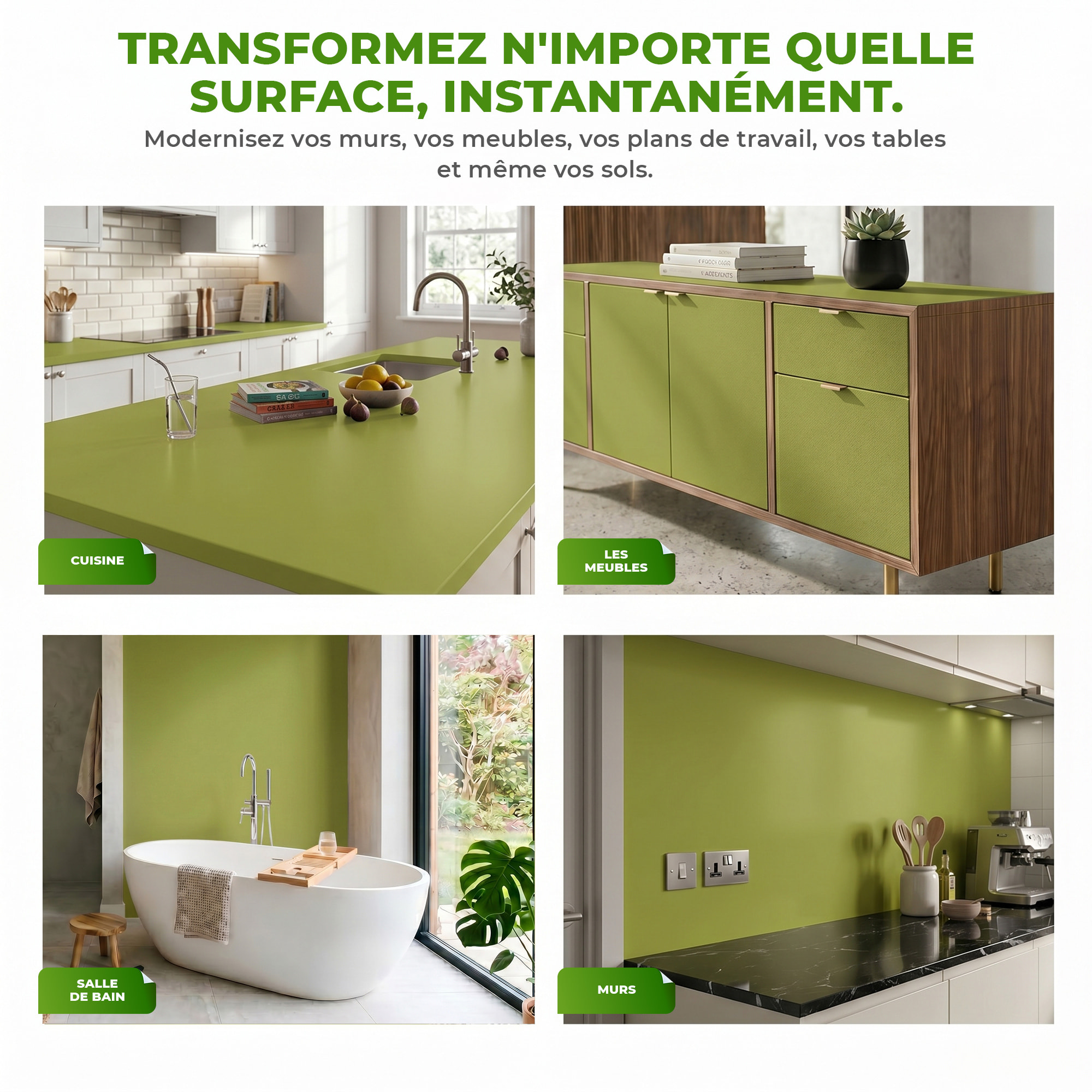 Rouleau adhésif décoratif Vinyle au Mètre - Vert olive - Sticker Lavable Imperméable Mur Cuisine Meubles