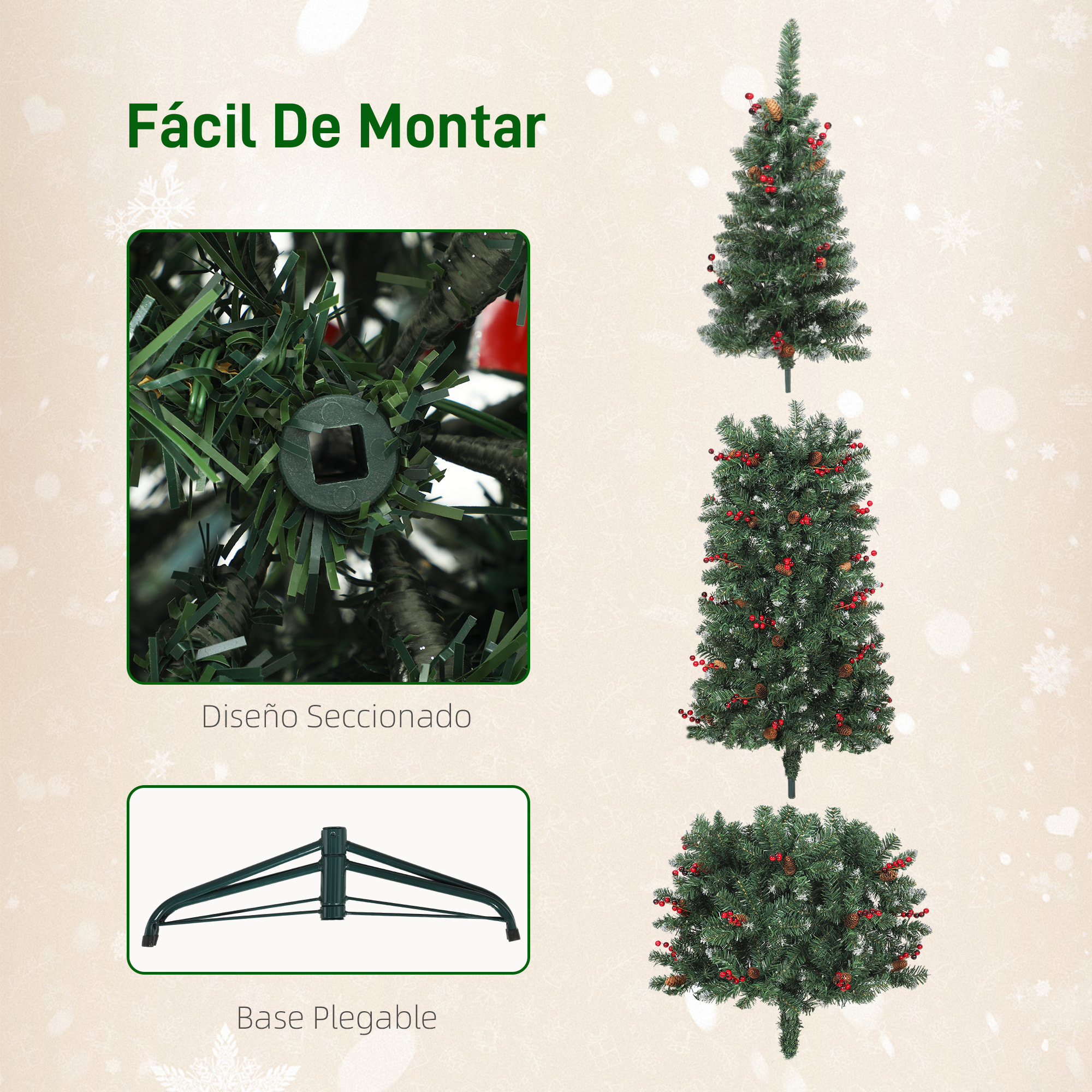 Árbol de Navidad Estrecho 180 cm, Árbol de Navidad Artificial con Luces LED Blanca Cálida, 8 Modos de Iluminación, 461 Ramas con Purpurina Plateada, Piñas, Bayas y Soporte Metálico, Verde
