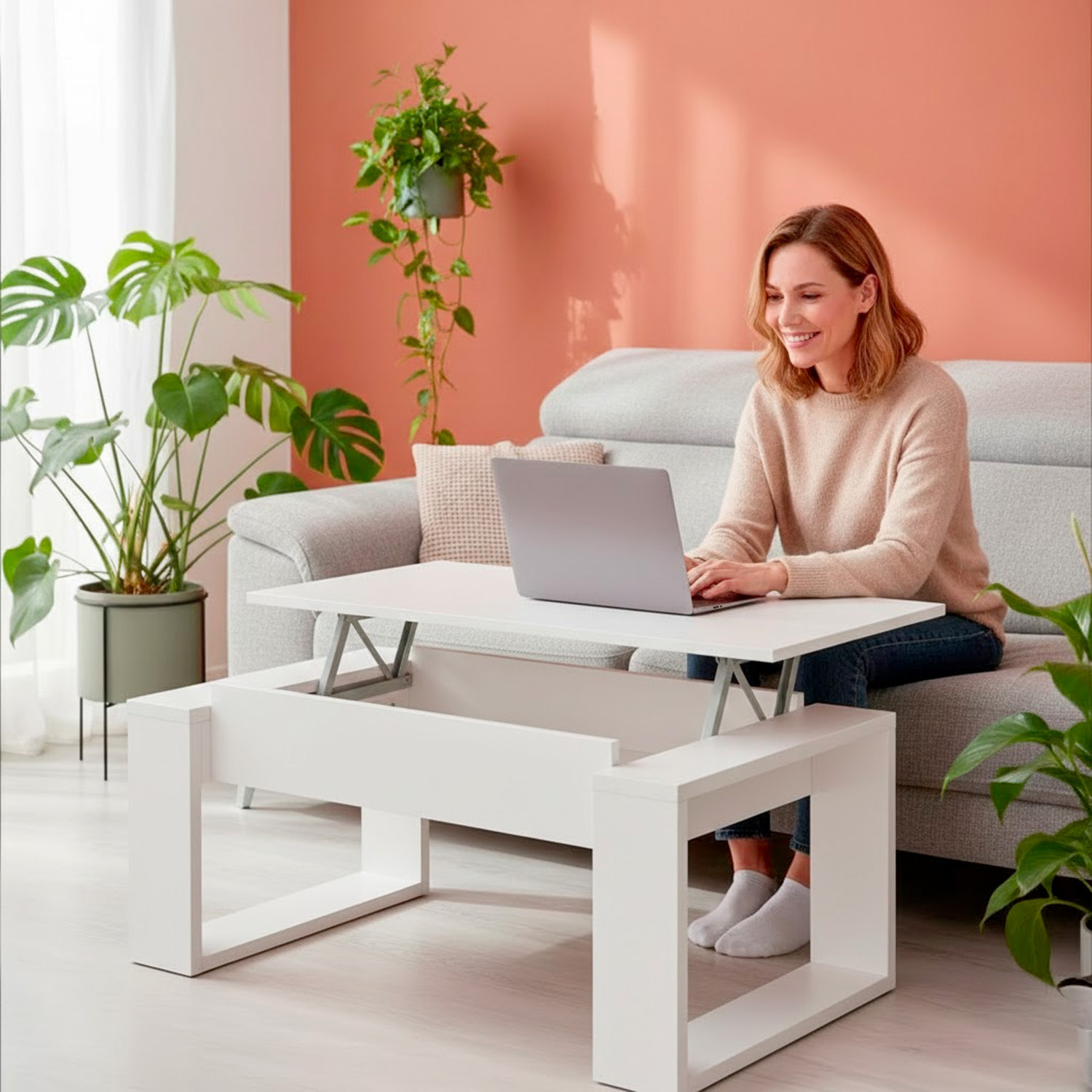 Tavolino Rialzabile Da Caffè Con Piano Sollevabile Tavolo Da Soggiorno Pranzo Moderno Salvaspazio Ideale per Mangiare Lavorare 105 x 55 x 45 cm Bianco