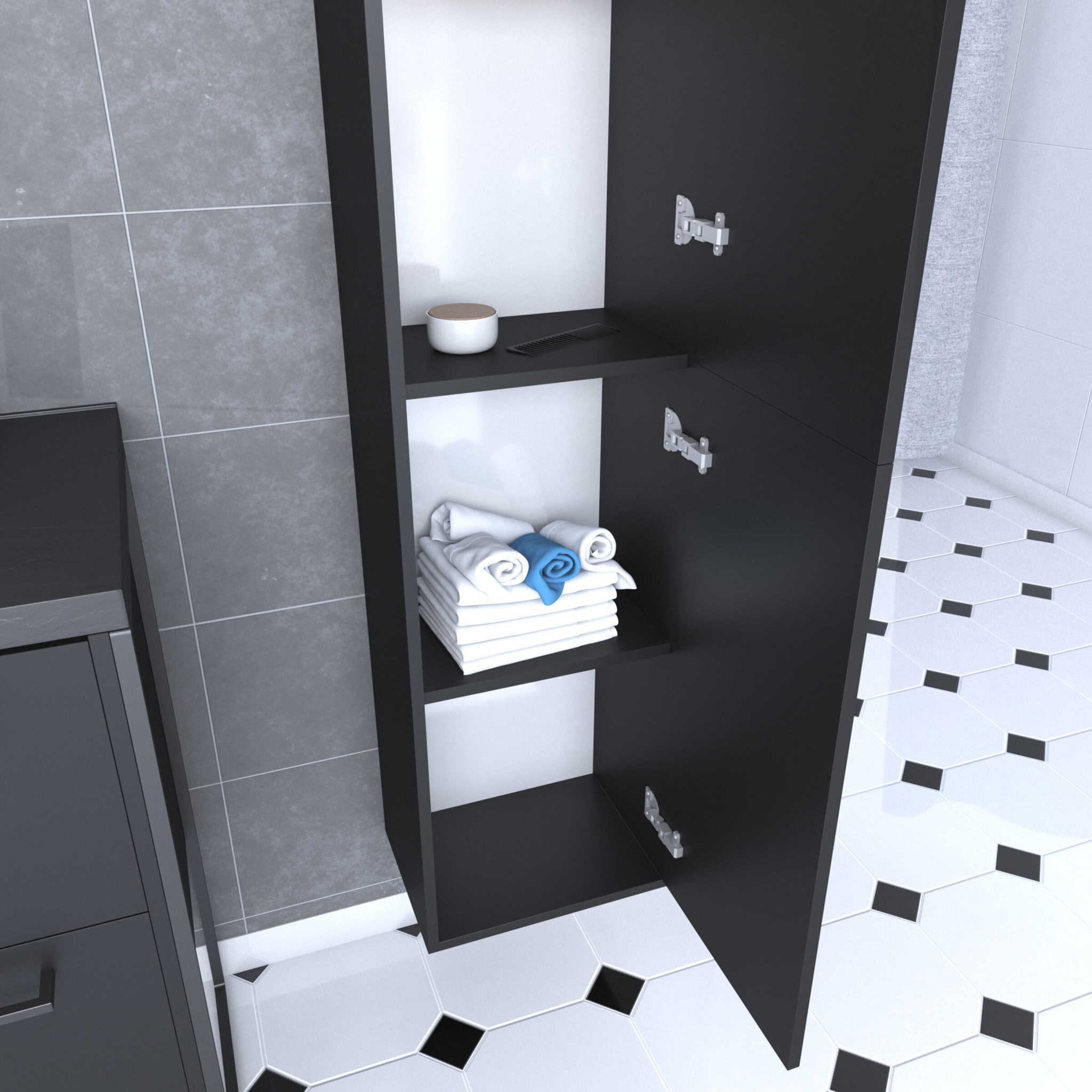 Colonne de salle de bain noir 30x35x150 cm avec 2 portes et poignées noir mat - STRUCTURA F050