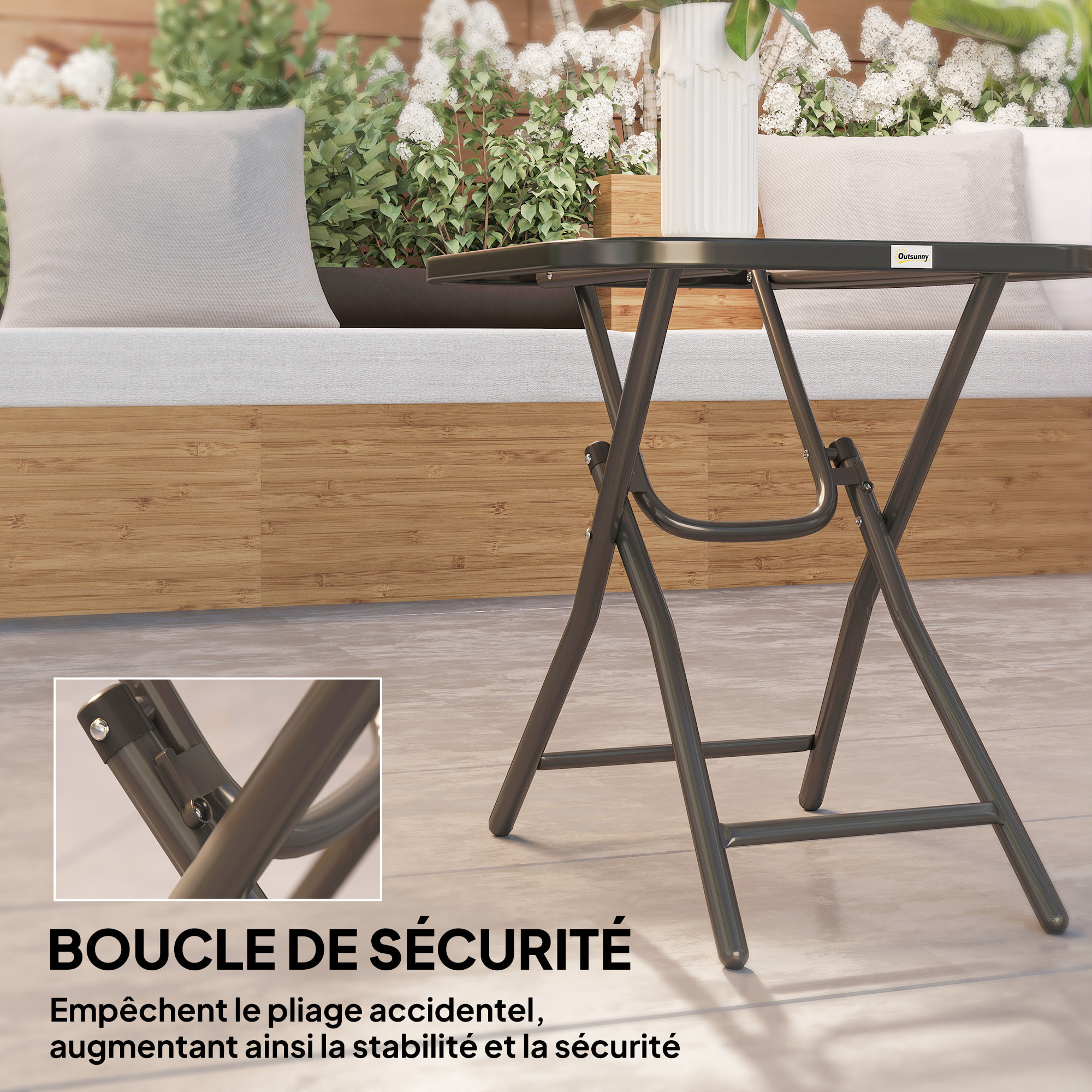 Table basse carrée bistro de jardin dim. 45 x 45 x 50 cm pliable métal époxy noir plateau verre trempé