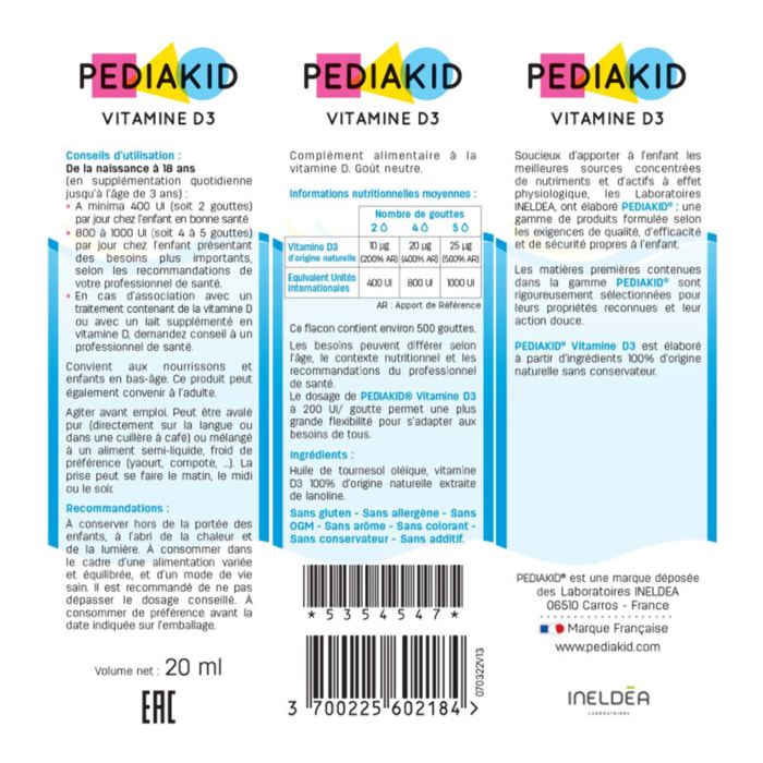PEDIAKID - Vitamine D3 - 100% d'origine naturelle - Renforcement des défenses naturelles - Dès la naissance - Couvre 200% des apports journaliers recommandés - Lot de 2 produits