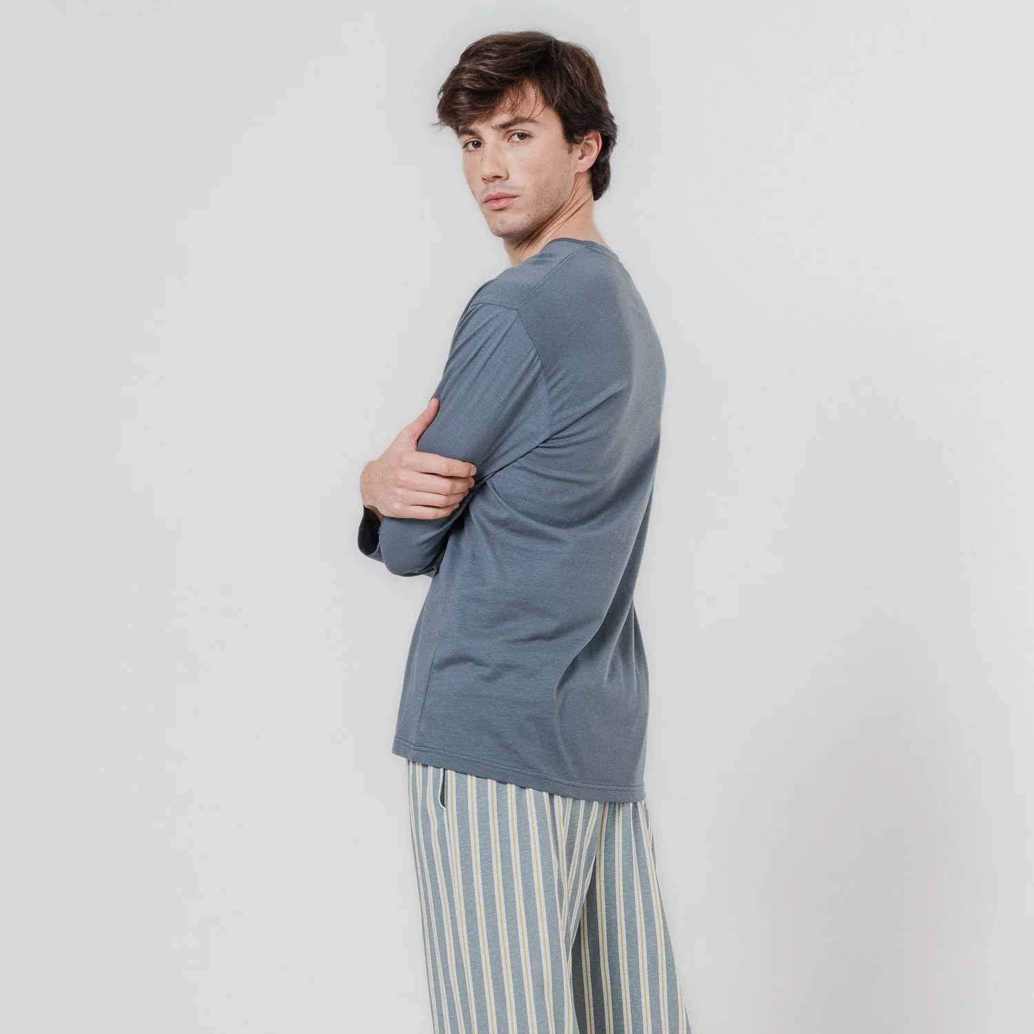 Pigiama lungo in cotone schon, blu-grigio