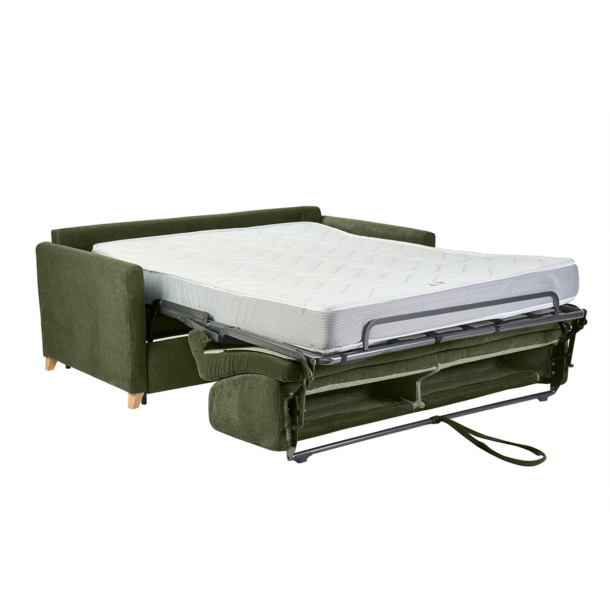 Canapé convertible 3 places en tissu chenille vert foncé et bois clair avec matelas 18 cm SKANDY