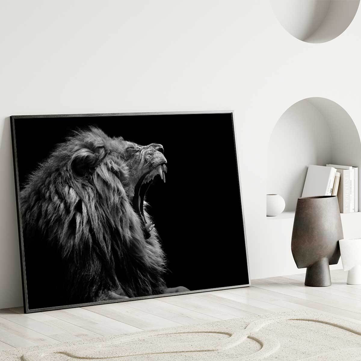 Affiche encadrée lion rugissant en noir et blanc Affiche + cadre en métal - Noir