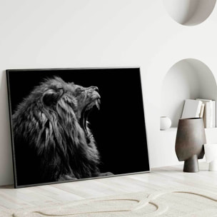 Affiche encadrée lion rugissant en noir et blanc Affiche + cadre en métal - Noir