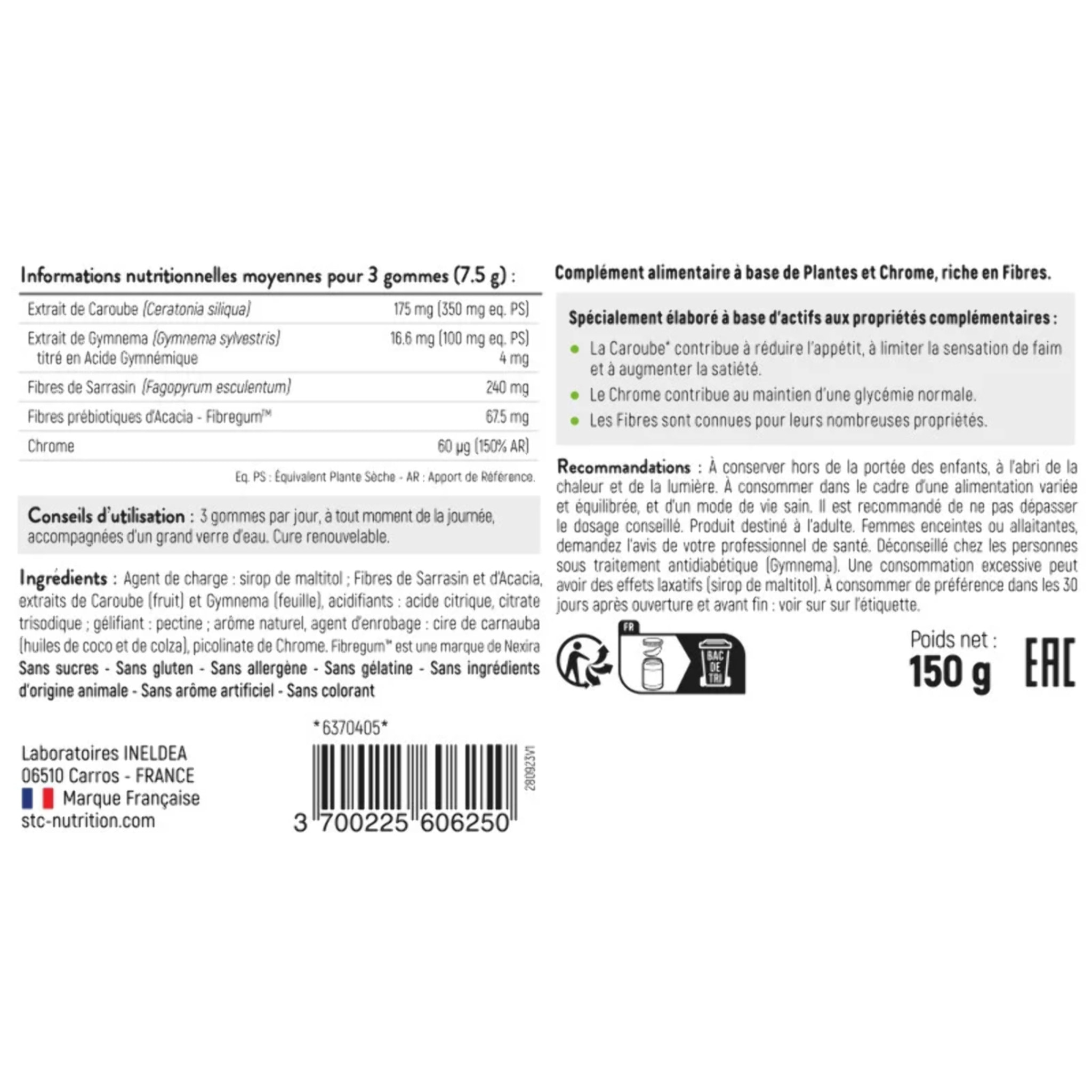 Gommes Coupe Faim - Complément alimentaire sans sucres - Plantes, Chrome et Fibres - Réduit l'appétit et fringales - Soutien les objectifs de perte de poids - Goût myrtille - 60 gommes