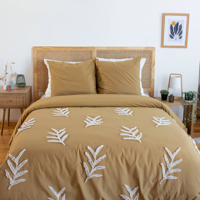 Parure de lit coton lavé tufté motifs végétaux 2 places moutarde ARTEMIS