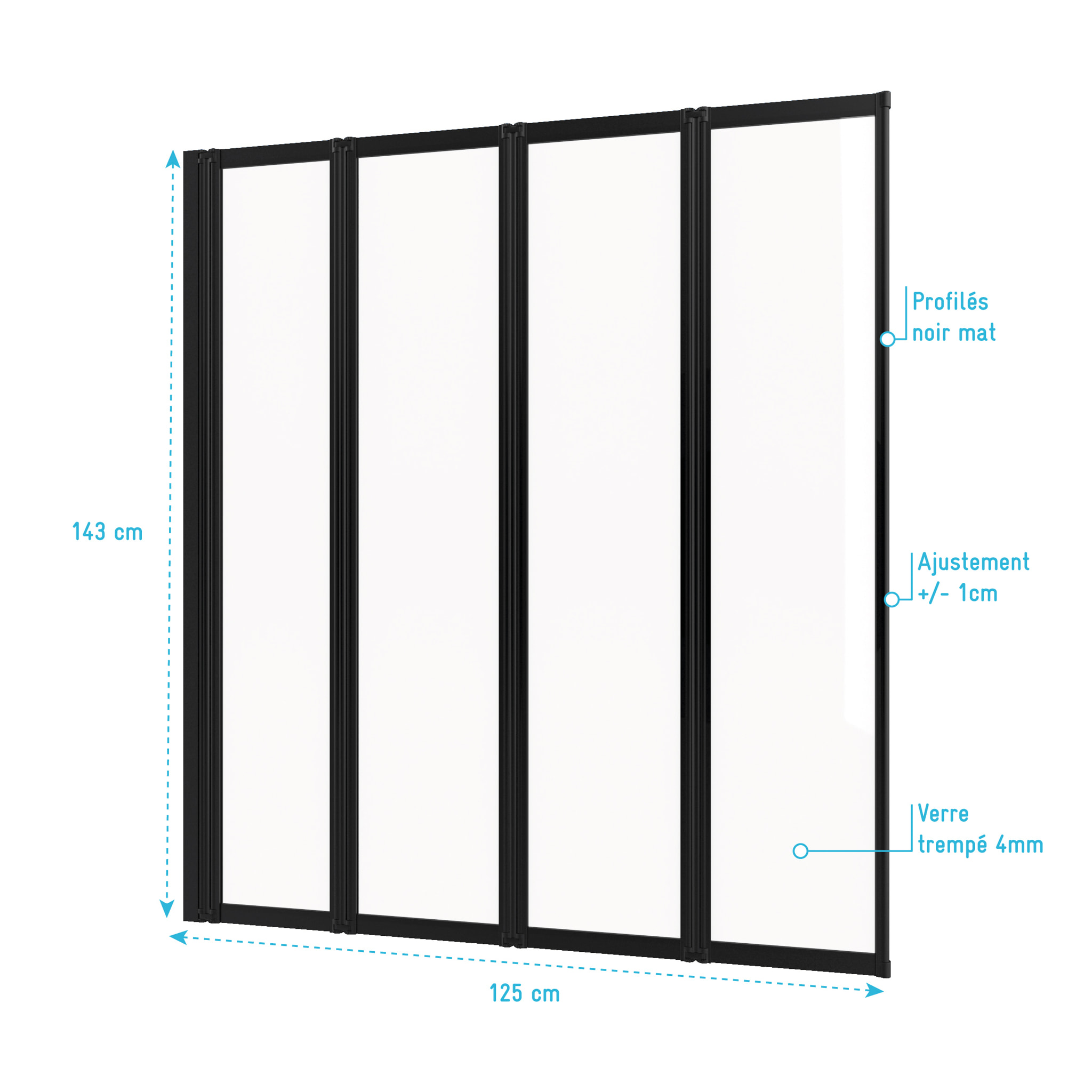 Pare baignoire 4 volets pivotants - profiles noir mat - verre transparent 4mm - TETRA BLACK