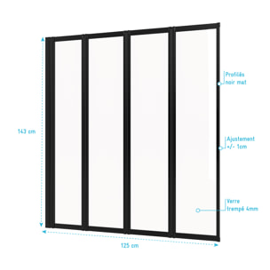 Pare baignoire 4 volets pivotants - profiles noir mat - verre transparent 4mm - TETRA BLACK