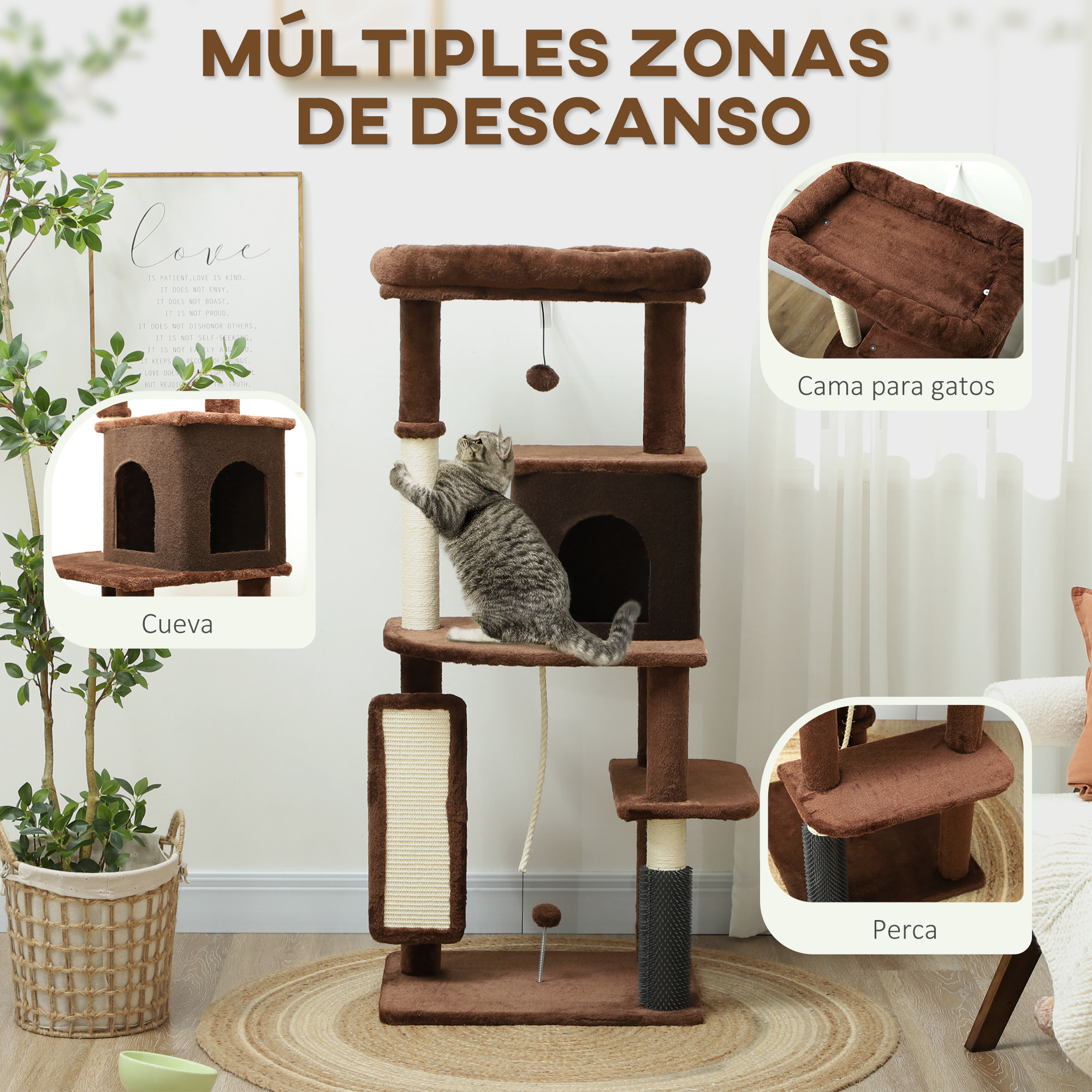 Árbol Rascador para Gatos Altura 132 cm Árbol para Gatos Torre para Gatos con Plataformas Poste con Cepillo Bolas Colgantes y Almohadilla para Rascar Marrón