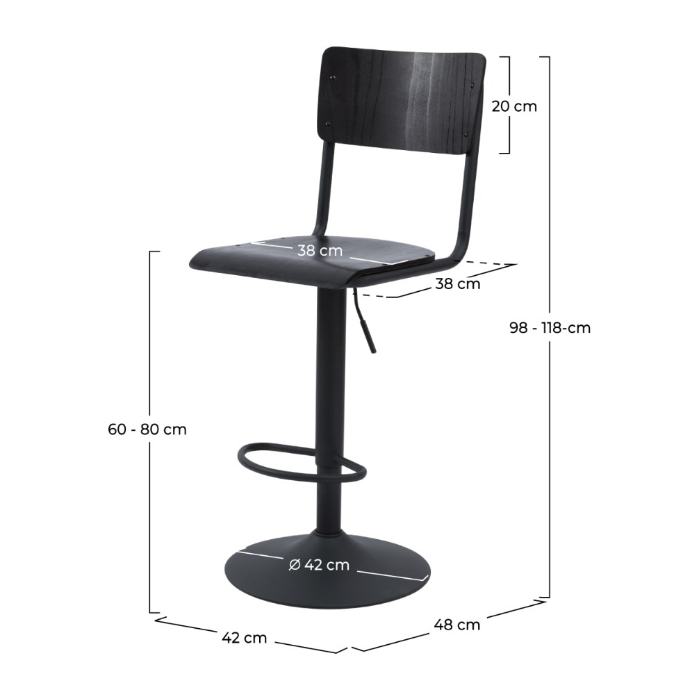 Lot de 2 chaises de bar réglables 60/80 cm en bois noir - Clem