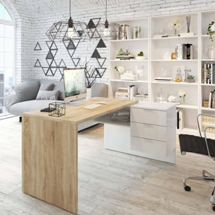 Scrivania Agnello, Scrittoio multifunzione reversibile da ufficio con cassettiera, Tavolo da studio o ufficio porta PC ad angolo, 145x108h73 cm, Rovere e Bianco