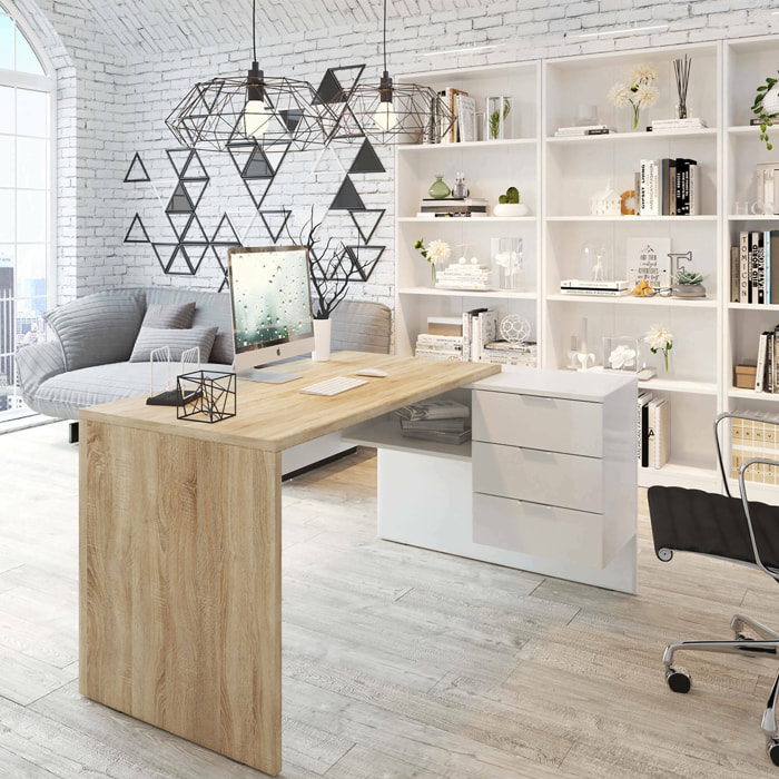 Scrivania Agnello, Scrittoio multifunzione reversibile da ufficio con cassettiera, Tavolo da studio o ufficio porta PC ad angolo, 145x108h73 cm, Rovere e Bianco
