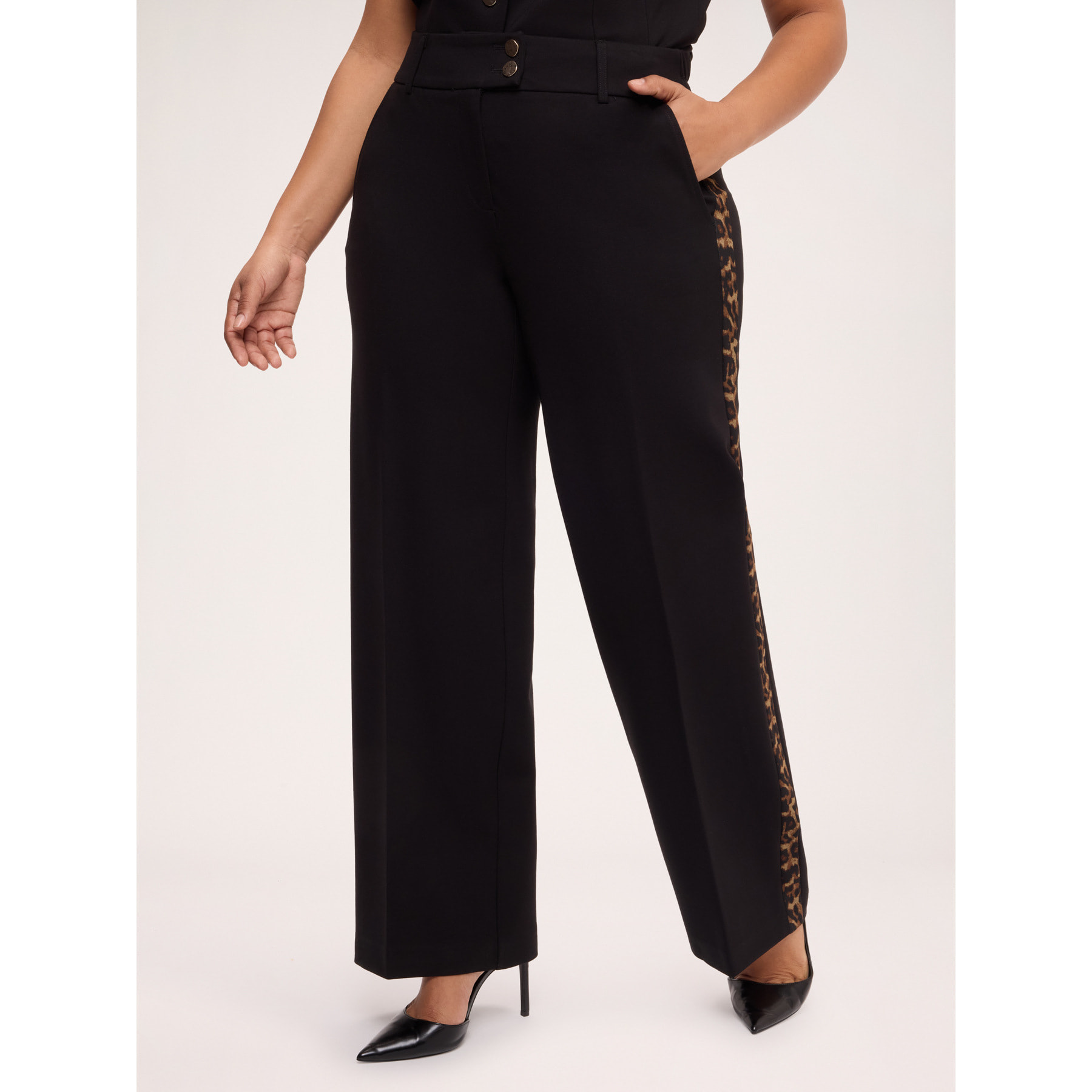 Fiorella Rubino - Pantaloni straight in Punto Milano con banda animalier - Nero