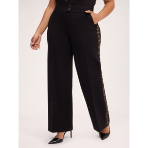 Fiorella Rubino - Pantaloni straight in Punto Milano con banda animalier - Nero