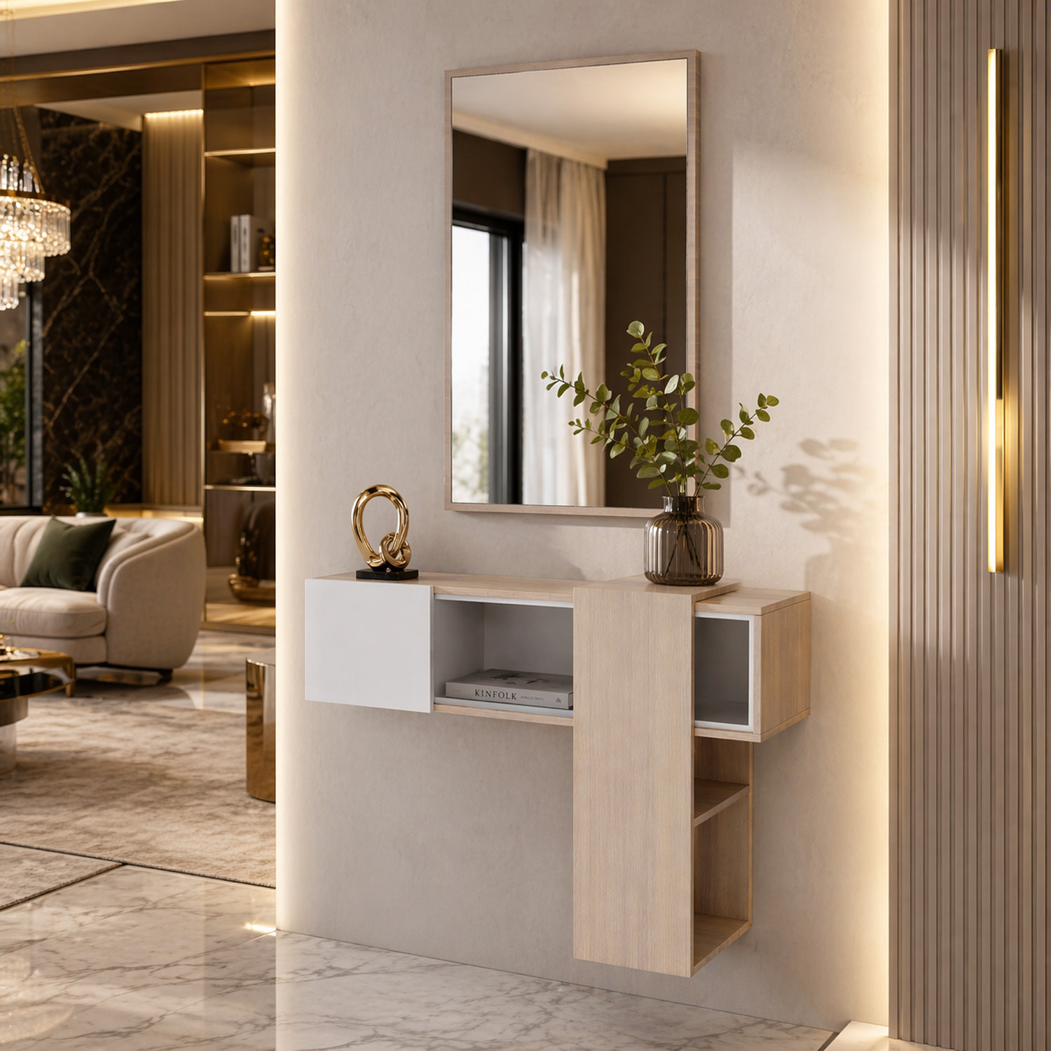 Mobile Danzica Mobiletto da Ingresso Mensola Sospesa con Specchio E Ripiani Scorrevole Arredo Arredamento Sala 100 x 31.5 x 75 cm Bianco e Rovere