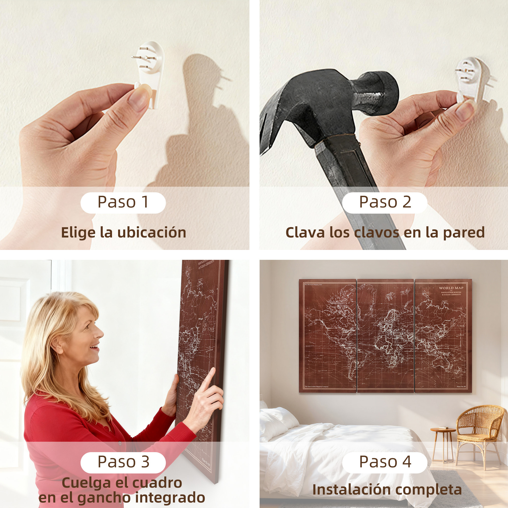 Cuadros en Lienzo Trípticos de Mapamundi Vintage a Mano, 120x60 cm, Cuadros Grandes de Arte de Pared con Marco de Madera, Decoración Elegante para Dormitorio, Salón, Cocina, Marrón