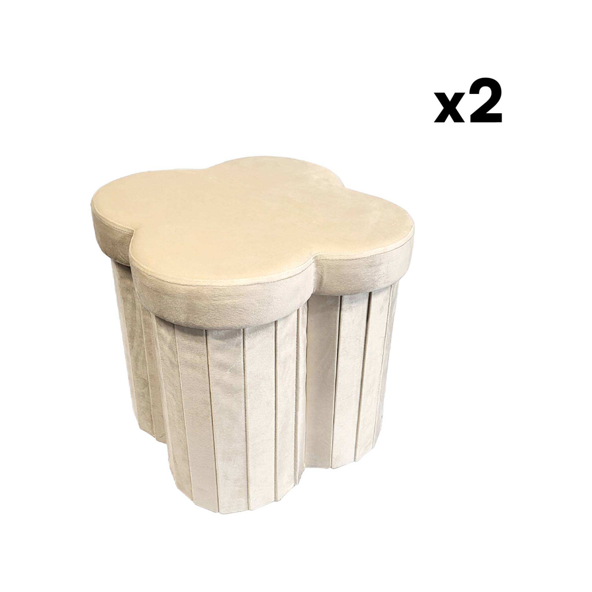 Lot de 2 tabourets-coffre pliables pour enfant avec assise en velours beige et en forme de fleur