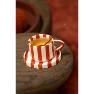 J-Line Tasse et sous-tasse lignée - grès - cognac/blanc - set de 4