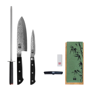 Le Set Deluxe Basic Hashi Tsuchime : 2 couteaux (office + santoku) + set d'aiguisage 180/800 grains + acier à aiguiser