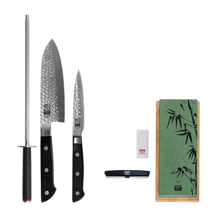 Le Set Deluxe Basic Hashi Tsuchime : 2 couteaux (office + santoku) + set d'aiguisage 180/800 grains + acier à aiguiser