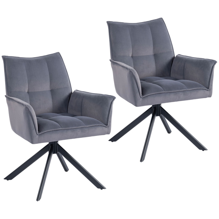 Juego de 2 Sillas de Comedor Giratorias 360°, Sillas de Cocina con Reposabrazos, Respaldo Acolchado, Tapizado en Terciopelo, Patas de Acero, para Oficina, Conferencia, Sala de Estar, Gris