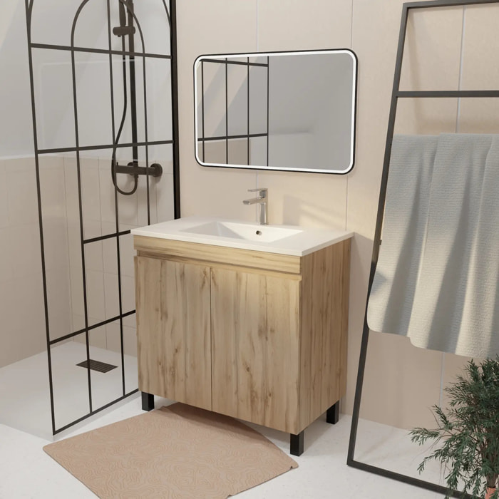 Meuble Salle de Bains 70 cm Décor Chêne Naturel à Portes - Vasque céramique blanche et miroir 70x50