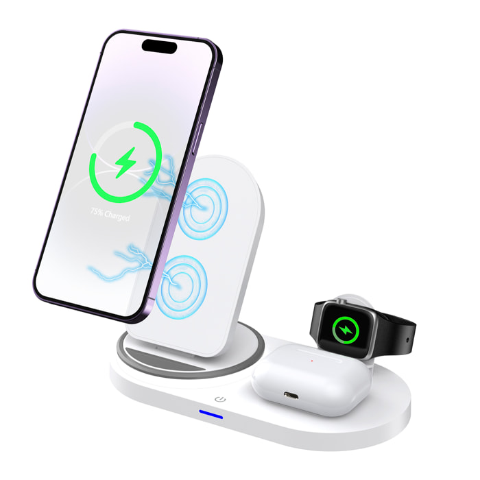 Base di ricarica wireless pieghevole 3 in 1. Base Qi da 15 W a doppia posizione, caricabatterie per Apple Watch e base Qi. Con luce notturna. Funzione supporto.