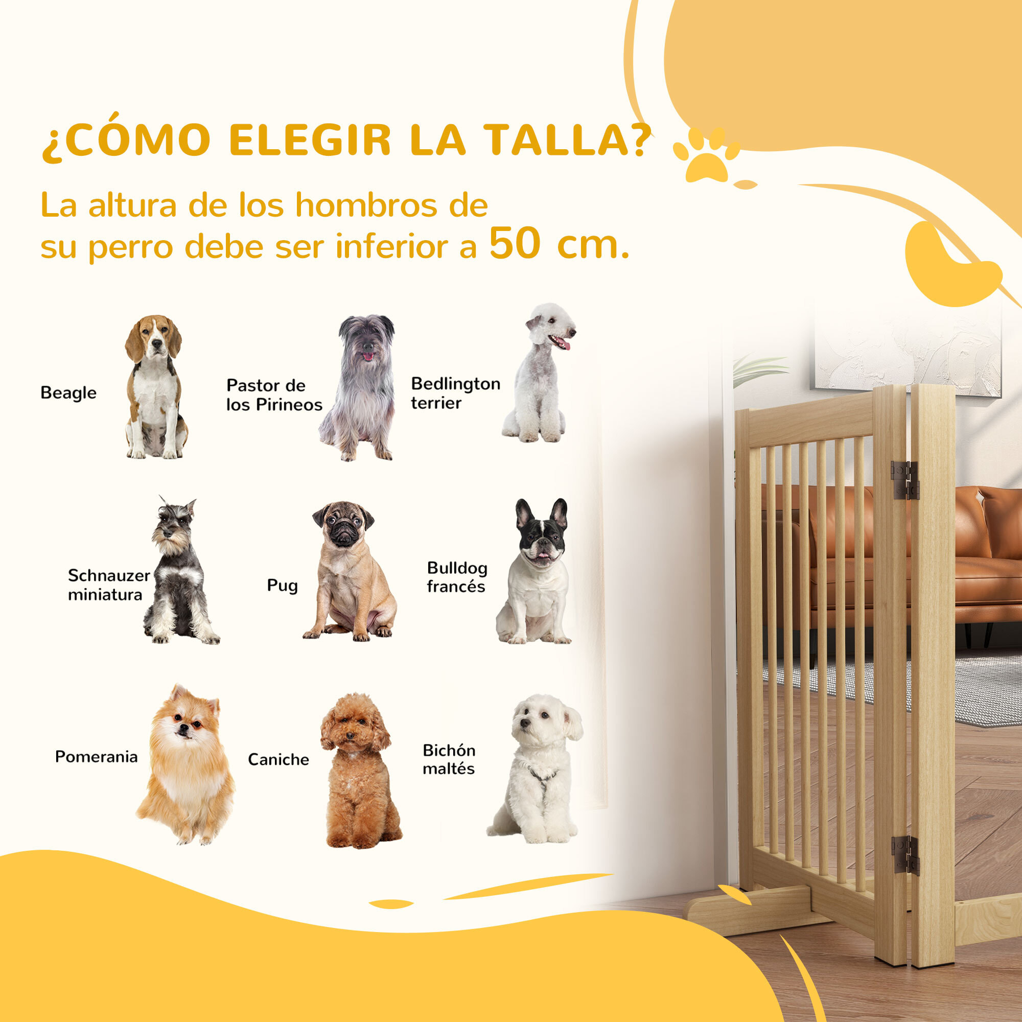 Barrera de Seguridad para Perros de Madera Plegable, para Escaleras y Puertas, Valla para Perros Pequeños y Medianos de 4 Paneles, con Soporte de Pie, para Interiores, 204x36x75 cm, Natural