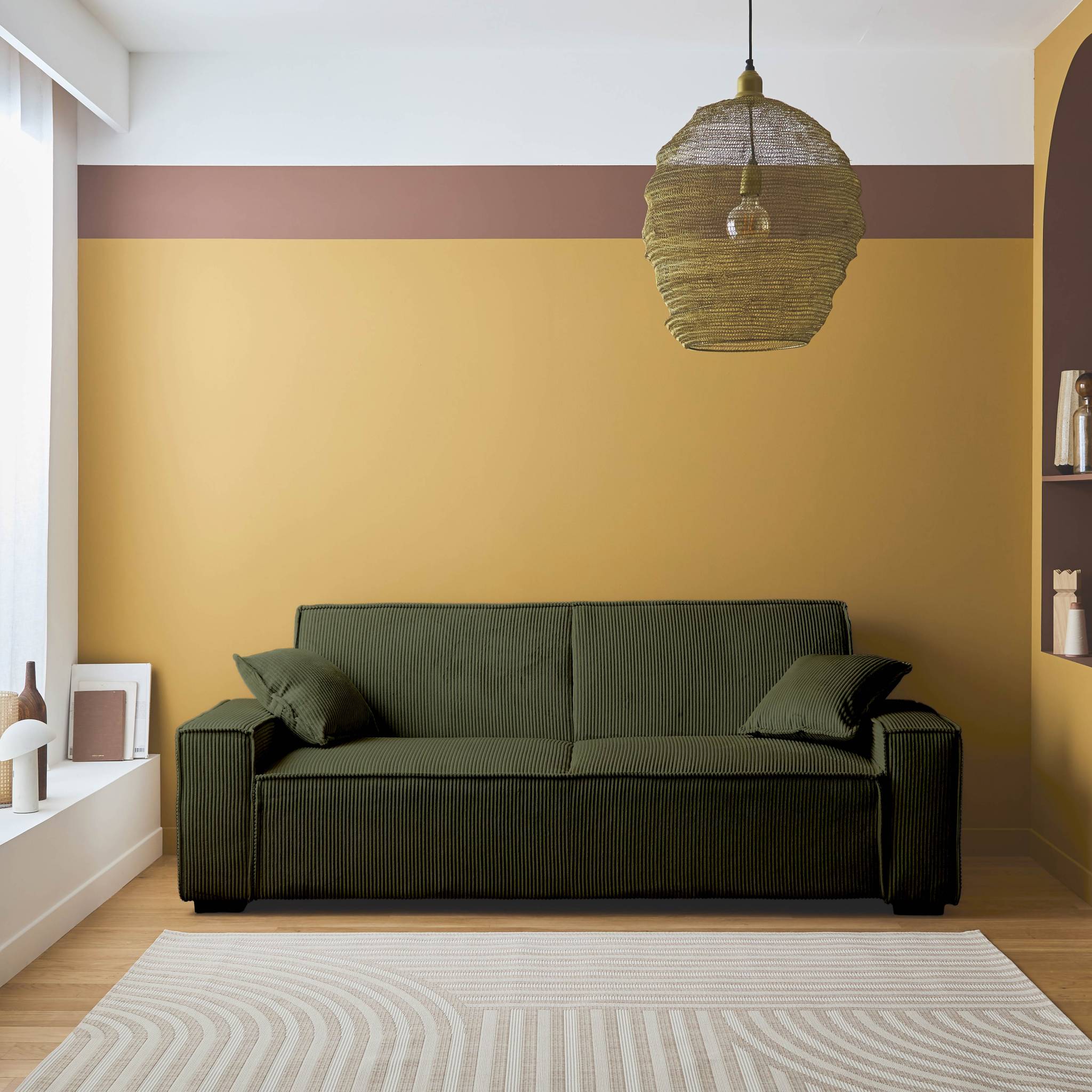 Canapé convertible 3 places kaki velours côtelé L 231 x P 96.5 x H 80cm