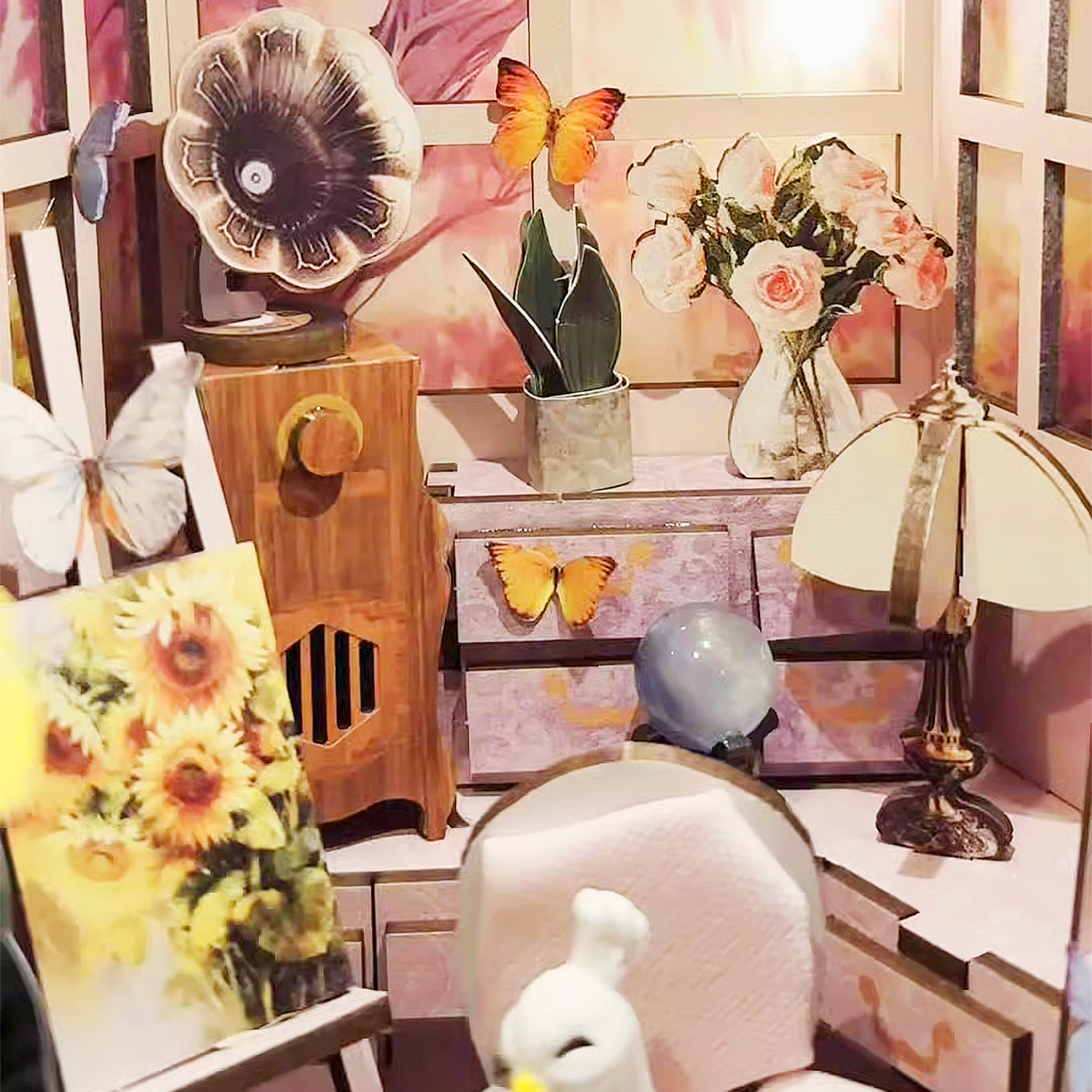 Estudio en el jardín. Book Nook de madera, diseño 3D realista con gran detalle, cubierta y luces led.