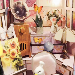 Estudio en el jardín. Book Nook de madera, diseño 3D realista con gran detalle, cubierta y luces led.