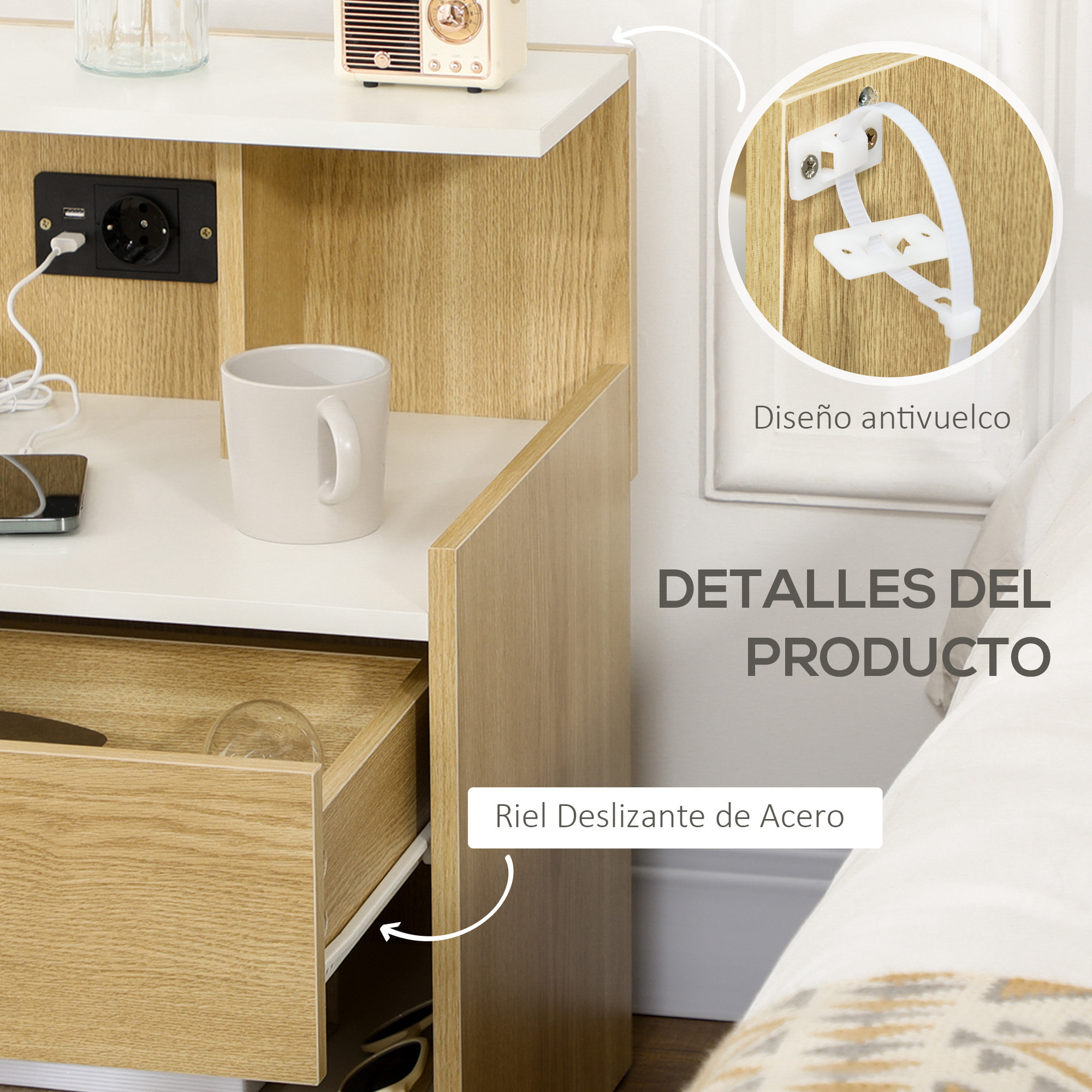 Mesita de Noche Moderna Mesilla de Noche con Puertos USB Toma de Corriente Cajón y Estantes Mesa de Noche para Dormitorio Salón 40x40x60 cm Natural