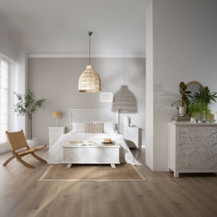 Table de chevet Indira -bois de manguier massif et mdf-couleur blanc brossé 50 x 70 x 40 cm