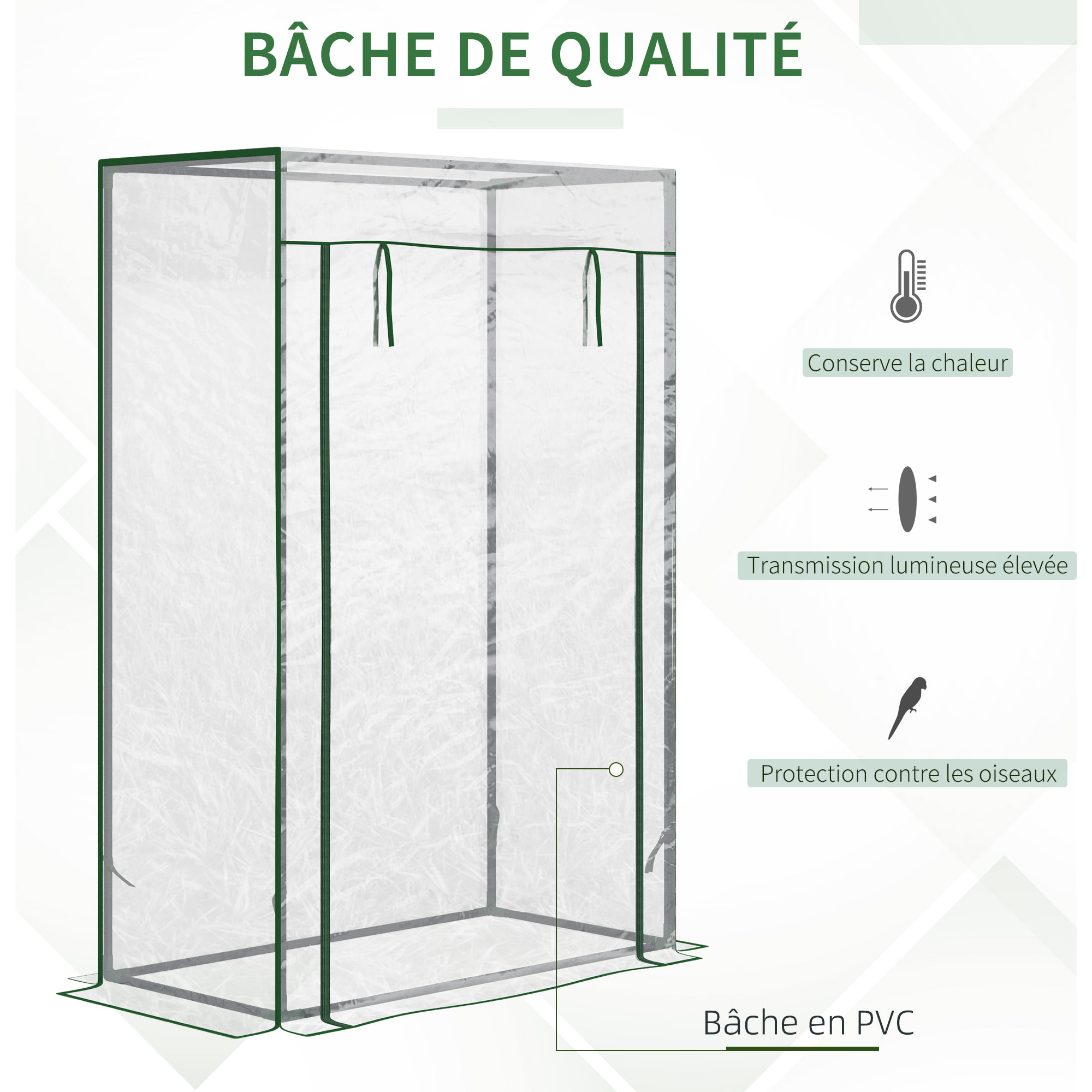 Serre de Jardin serre à tomates 1L x 0,5l x 1,5H m porte zippée déroulante acier thermolaqué PVC haute densité 140 g/m² anti-UV