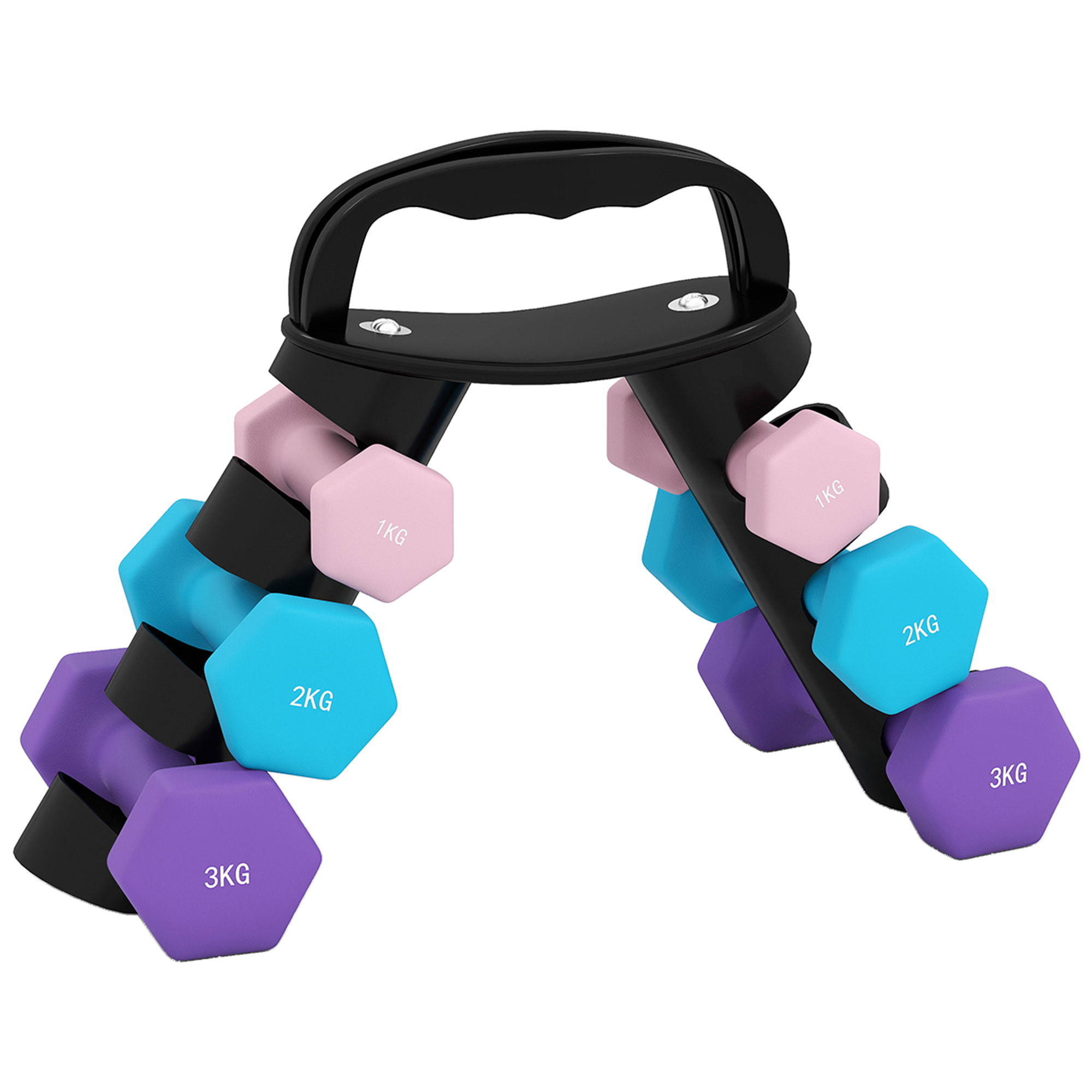 Support noir pour 6 haltères vinyles - 6 haltères incluses total 12 Kg - noir rose bleu violet