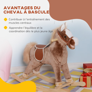Cheval à bascule cheval de cowboy selle grand confort peluche courte douce bois peuplier brun blanc