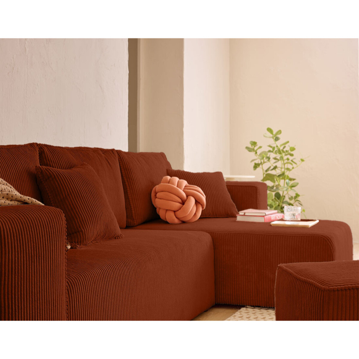 Topaze - canapé d'angle réversible 4 places - convertible avec coffre, tablette et poufs - en velours côtelé - Terracotta