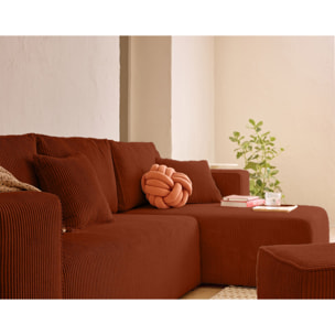 Topaze - canapé d'angle réversible 4 places - convertible avec coffre, tablette et poufs - en velours côtelé - Terracotta