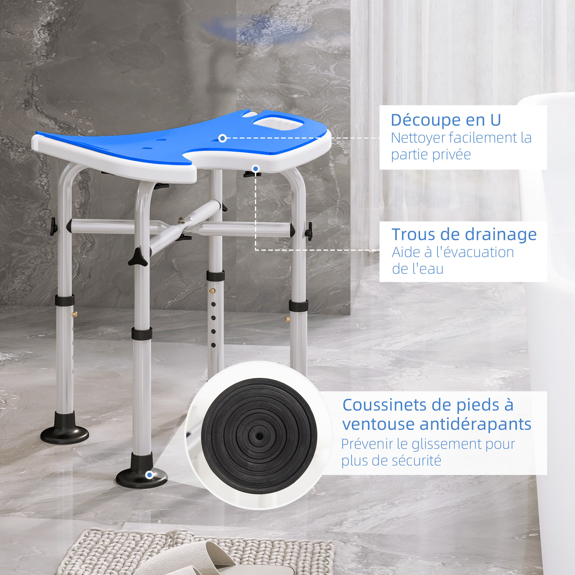 Tabouret de douche - siège de douche avec barre d'appui ventouse - hauteur réglable - alu HDPE bleu blanc